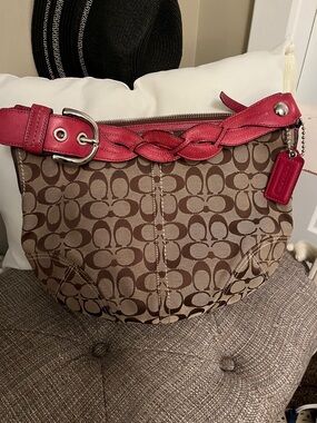 Coach Brown Signature Canvas Shoulder Bag with Pink Leather Strap